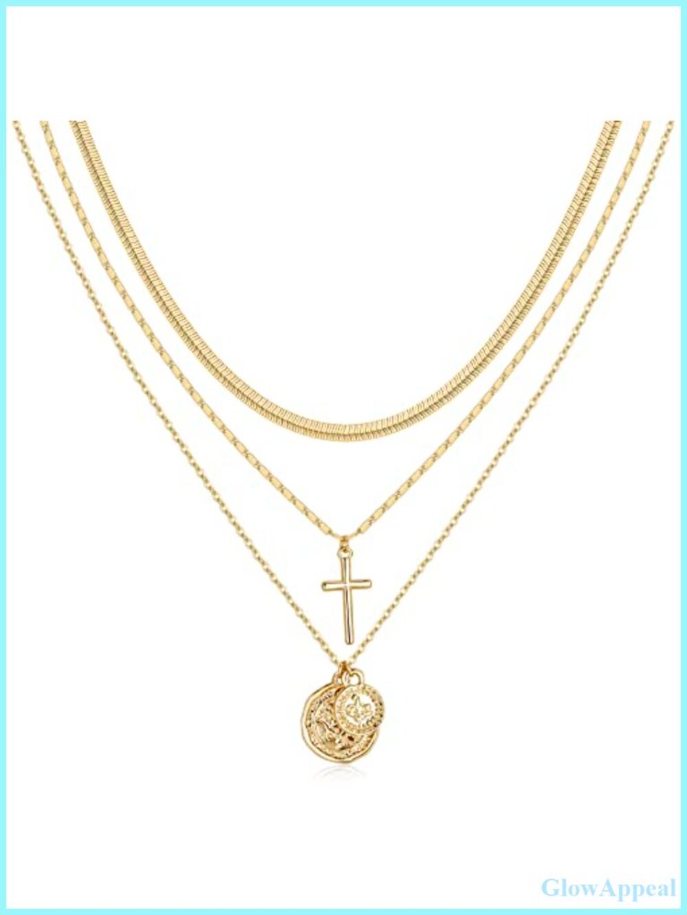 14K Gold Plated Layered Choker Necklace Paper Clip Chain Coin Pendant